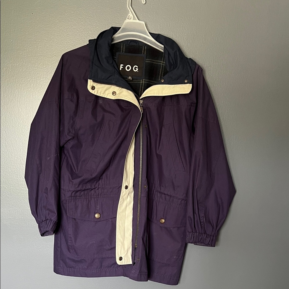 FOG Purple Anorak Women’s Jacket with Cream Trim and Hood Size L
